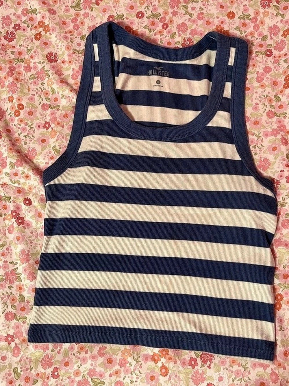 Hollister Striped Ribbed Tank Top Blue & Cream Medium
